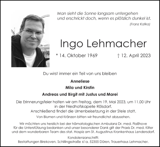 Traueranzeige von Ingo Lehmacher von Zeitung am Sonntag