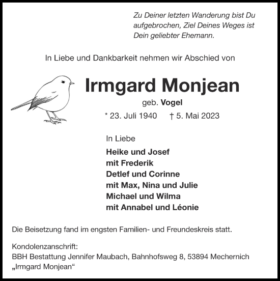 Traueranzeige von Irmgard Monjean von Zeitung am Sonntag