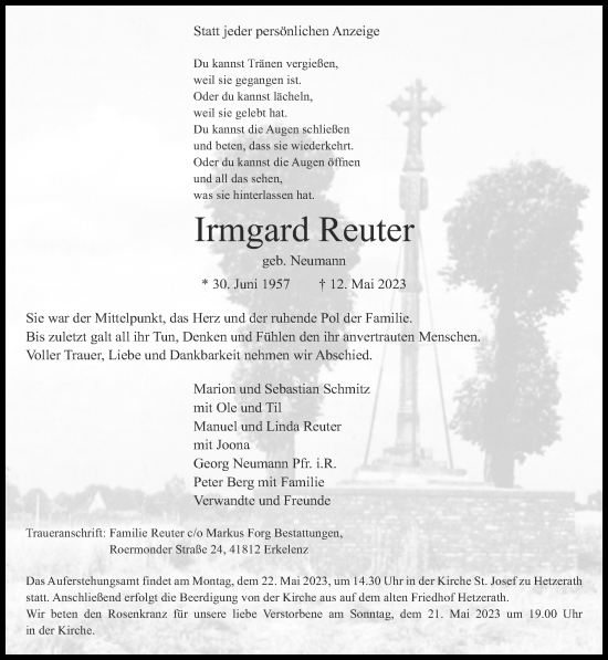 Traueranzeige von Irmgard Reuter von Zeitung am Sonntag