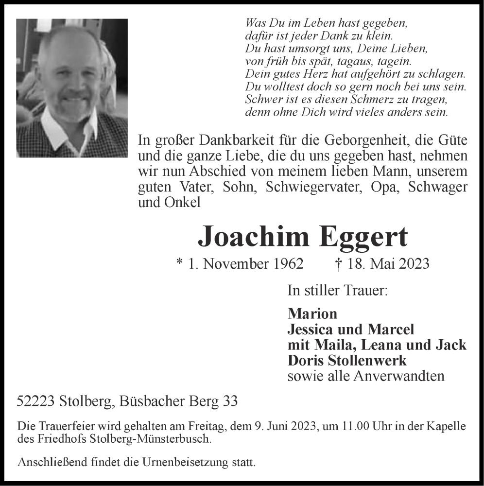  Traueranzeige für Joachim Eggert vom 28.05.2023 aus Zeitung am Sonntag