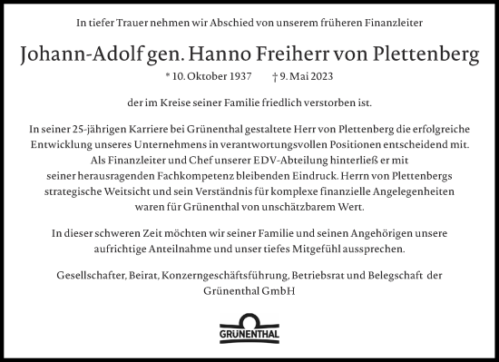 Traueranzeige von Johann-Adolf Hanno Freiherr von Plettenberg von Aachener Zeitung