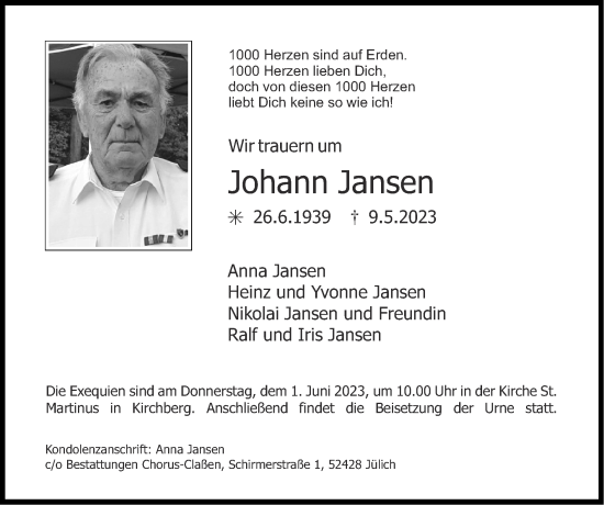 Traueranzeige von Johann Jansen von Zeitung am Sonntag