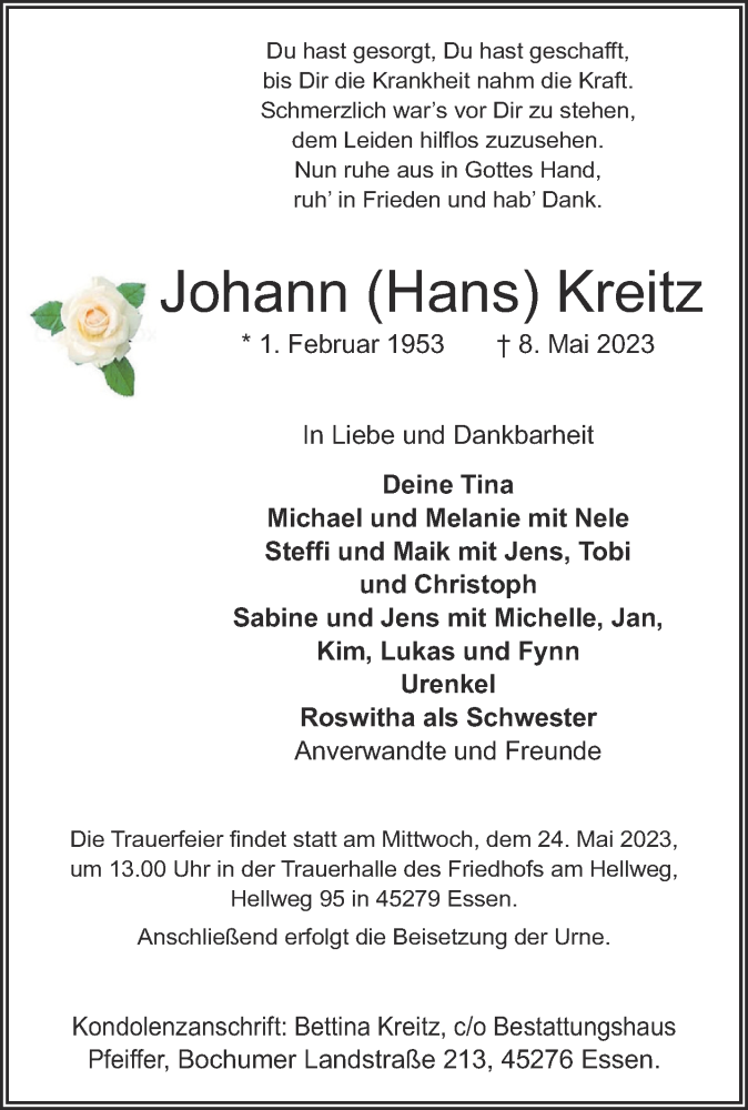  Traueranzeige für Johann ( Hans ) Kreitz vom 20.05.2023 aus Aachener Zeitung