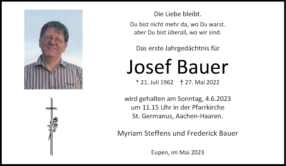  Traueranzeige für Josef Bauer vom 27.05.2023 aus Aachener Zeitung