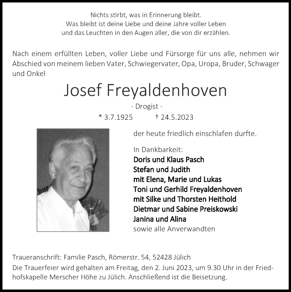  Traueranzeige für Josef Freyaldenhoven vom 28.05.2023 aus Zeitung am Sonntag