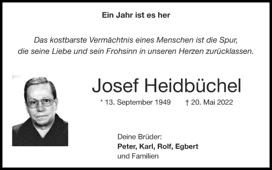 Traueranzeige von Josef Heidbüchel von Zeitung am Sonntag