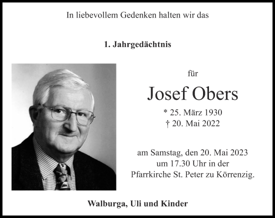 Traueranzeige von Josef Obers von Zeitung am Sonntag