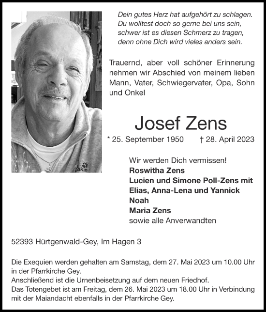 Traueranzeige von Josef Zens von Zeitung am Sonntag