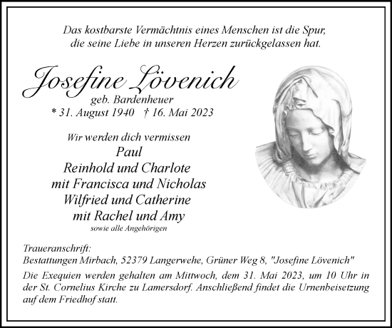 Traueranzeige von Josefine Lövenich von Zeitung am Sonntag