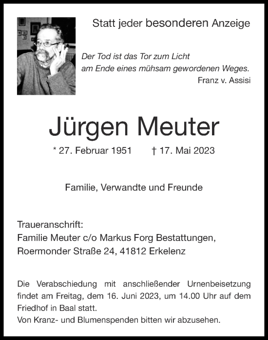 Traueranzeige von Jürgen Meuter von Zeitung am Sonntag