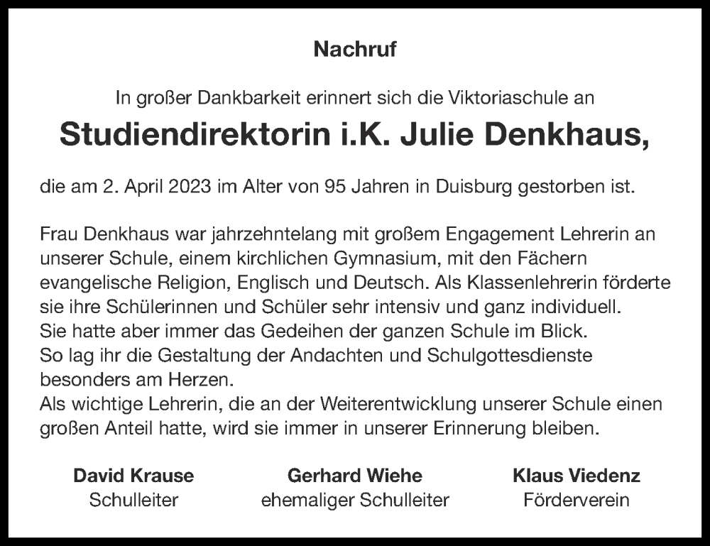  Traueranzeige für Julie Denkhaus vom 27.05.2023 aus Aachener Zeitung