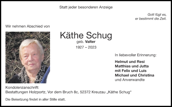 Traueranzeige von Käthe Schug von Zeitung am Sonntag