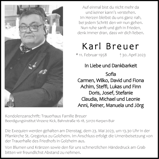 Traueranzeige von Karl Breuer von Zeitung am Sonntag
