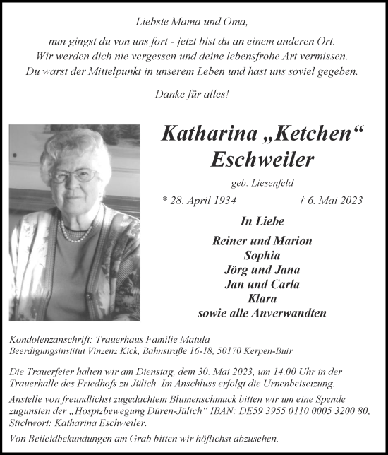 Traueranzeige von Katharina Eschweiler von Zeitung am Sonntag