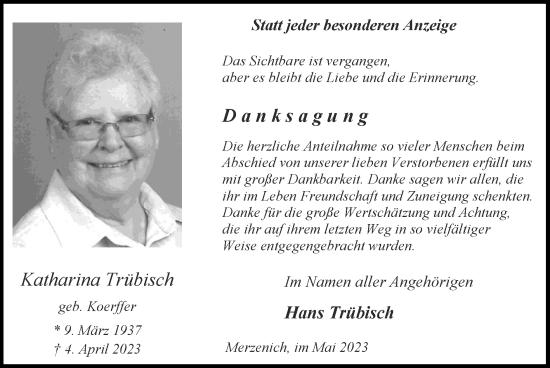 Traueranzeige von Katharina Trübisch von Zeitung am Sonntag
