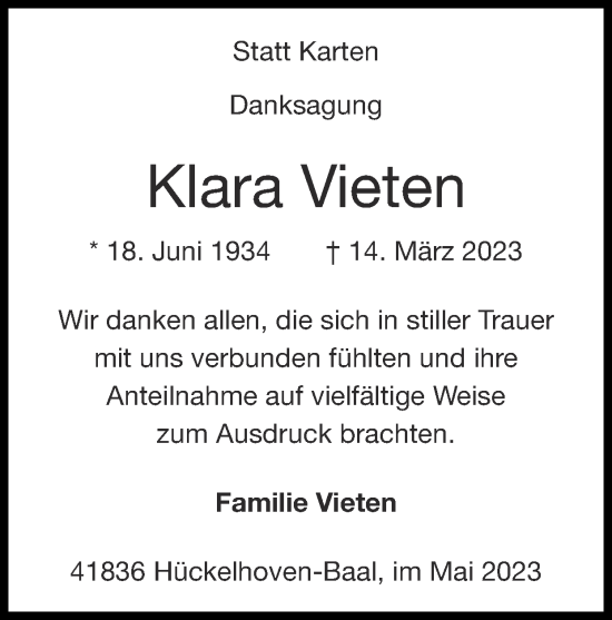 Traueranzeige von Klara Vieten von Zeitung am Sonntag