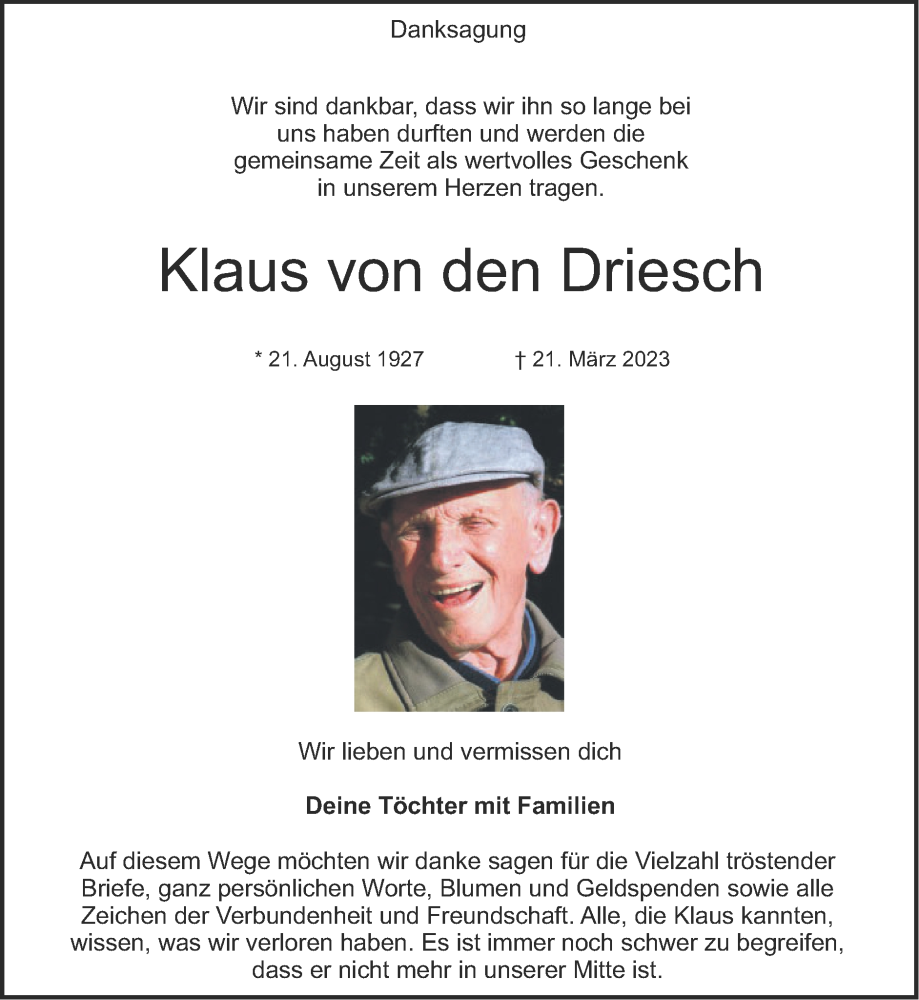  Traueranzeige für Klaus von den Driesch vom 07.05.2023 aus Zeitung am Sonntag