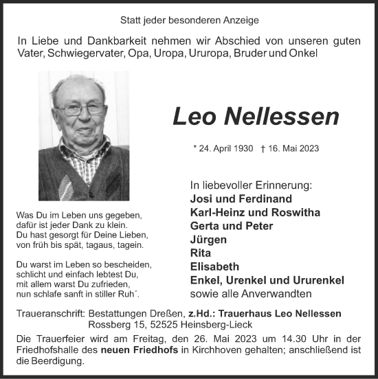 Traueranzeige von Leo Nellessen von Zeitung am Sonntag