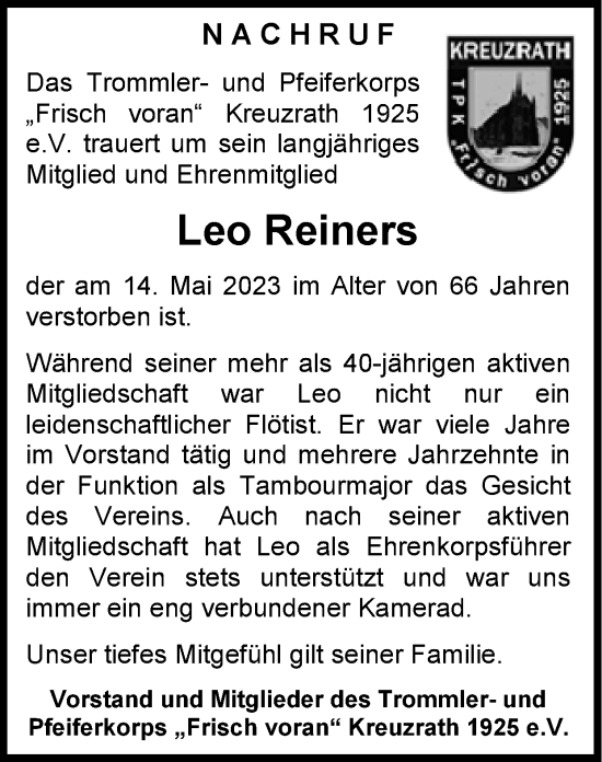 Traueranzeige von Leo Reiners von Zeitung am Sonntag