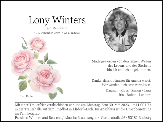 Traueranzeige von Lony Winters von Zeitung am Sonntag