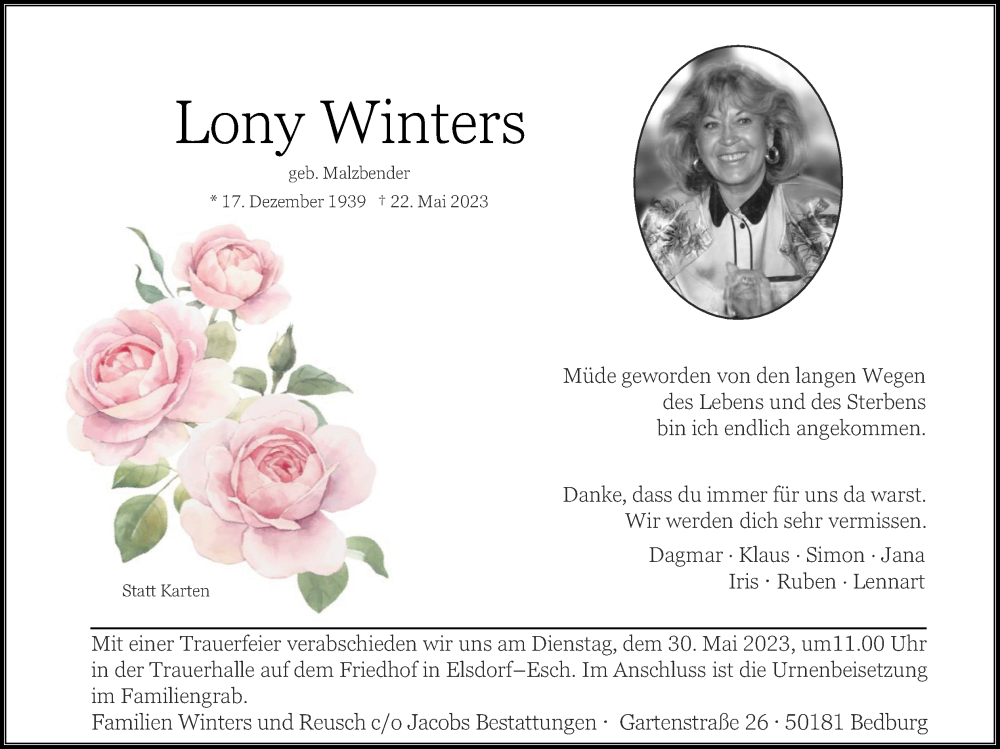  Traueranzeige für Lony Winters vom 28.05.2023 aus Zeitung am Sonntag