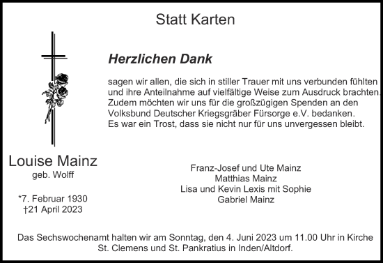 Traueranzeige von Louise Mainz von Zeitung am Sonntag
