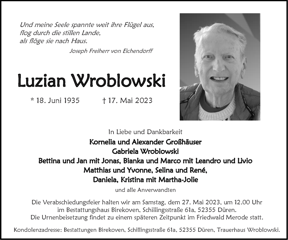  Traueranzeige für Luzian Wroblowski vom 21.05.2023 aus Zeitung am Sonntag
