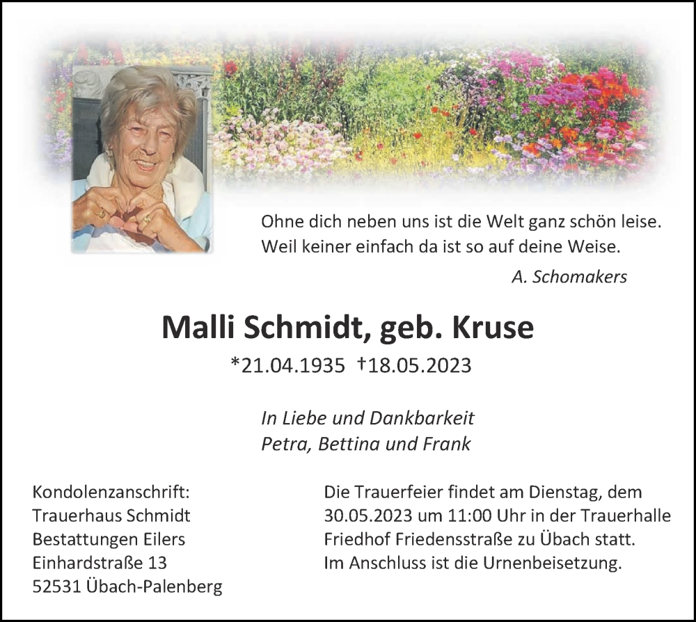  Traueranzeige für Malli Schmidt vom 28.05.2023 aus Zeitung am Sonntag