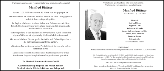 Traueranzeige von Manfred Büttner von Zeitung am Sonntag