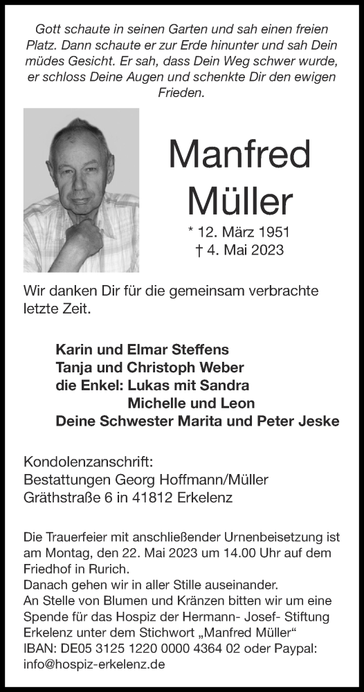  Traueranzeige für Manfred Müller vom 14.05.2023 aus Zeitung am Sonntag