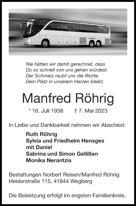 Traueranzeige von Manfred Röhrig von Zeitung am Sonntag