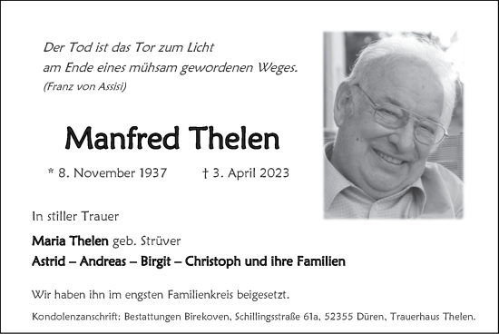 Traueranzeige von Manfred Thelen von Zeitung am Sonntag