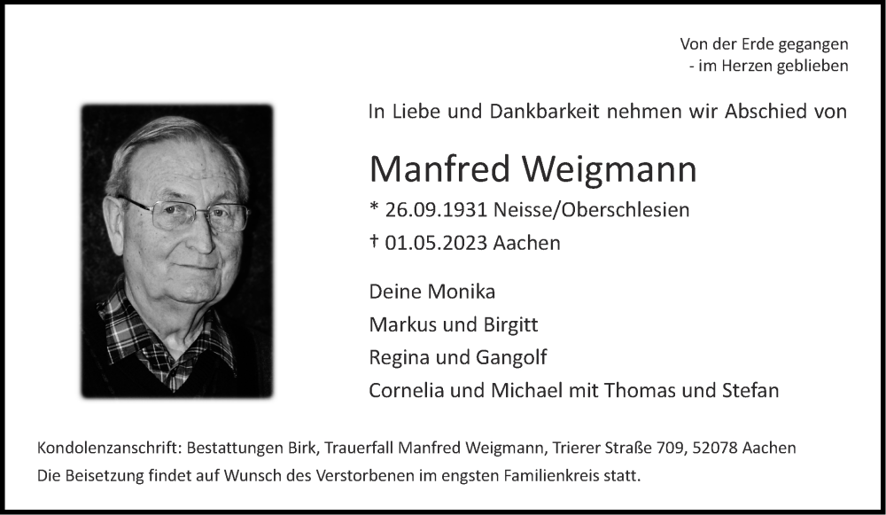  Traueranzeige für Manfred Weigmann vom 13.05.2023 aus Aachener Zeitung