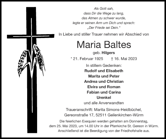 Traueranzeige von Maria Baltes von Zeitung am Sonntag