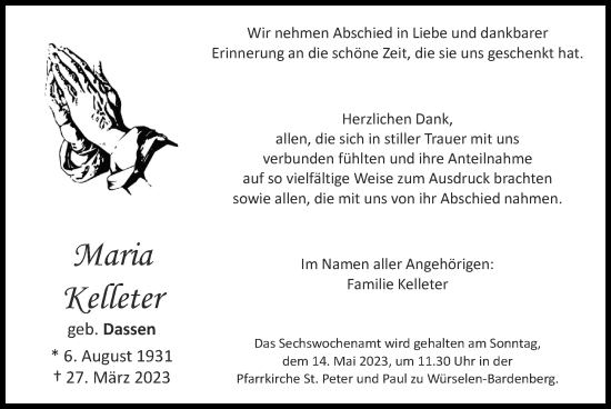 Traueranzeige von Maria Kelleter von Zeitung am Sonntag