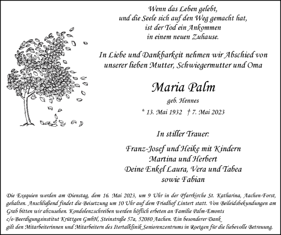 Traueranzeige von Maria Palm von Zeitung am Sonntag