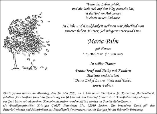 Traueranzeige von Maria Palm von Aachener Zeitung