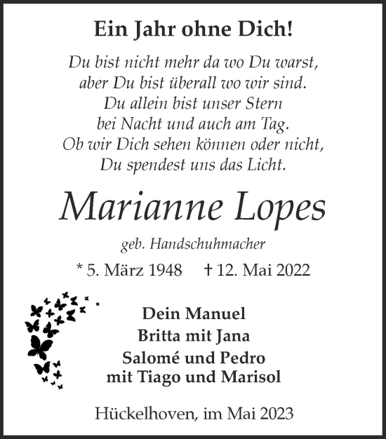 Traueranzeige von Marianne Lopes von Zeitung am Sonntag