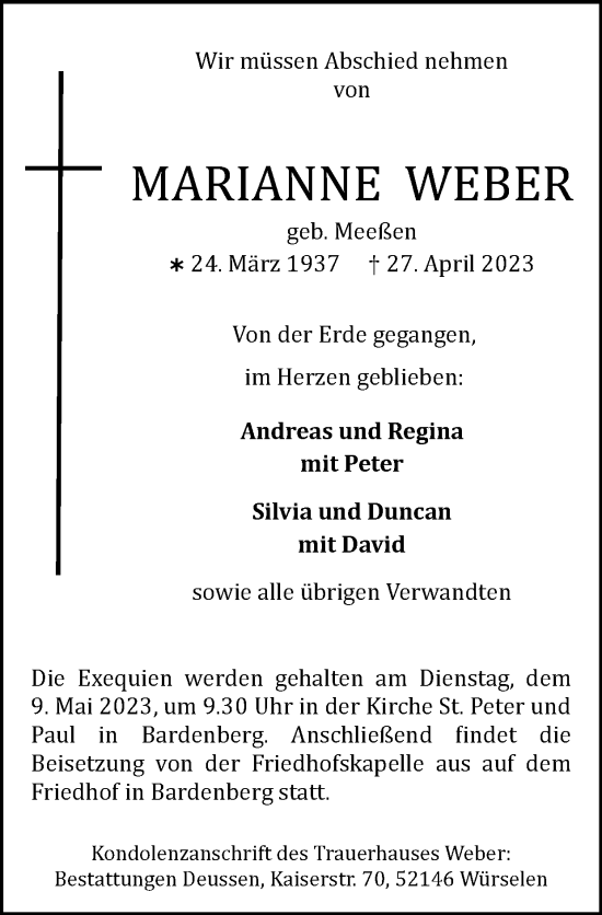 Traueranzeige von Marianne Weber von Zeitung am Sonntag