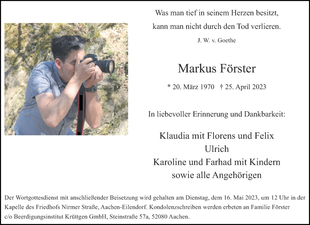  Traueranzeige für Markus Förster vom 13.05.2023 aus Aachener Zeitung