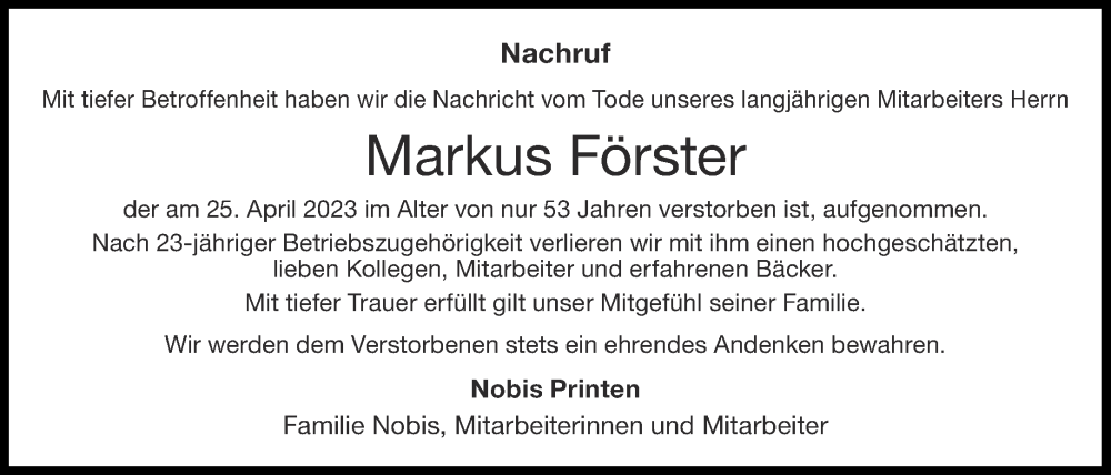  Traueranzeige für Markus Förster vom 13.05.2023 aus Aachener Zeitung