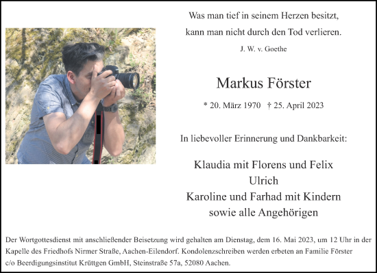 Traueranzeige von Markus Förster von Aachener Zeitung