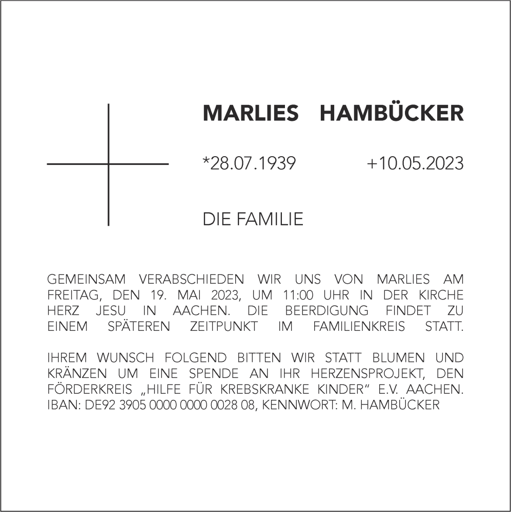  Traueranzeige für Marlies Hambücker vom 13.05.2023 aus Aachener Zeitung