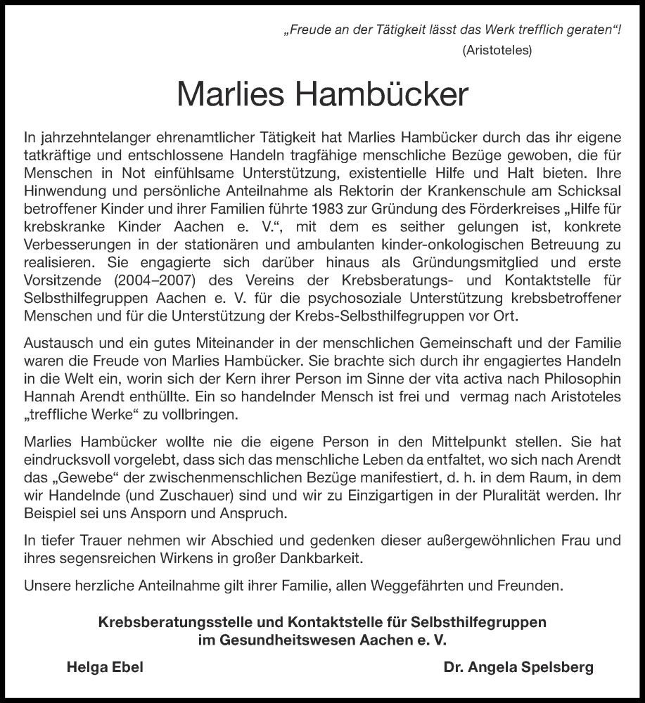  Traueranzeige für Marlies Hambücker vom 27.05.2023 aus Aachener Zeitung