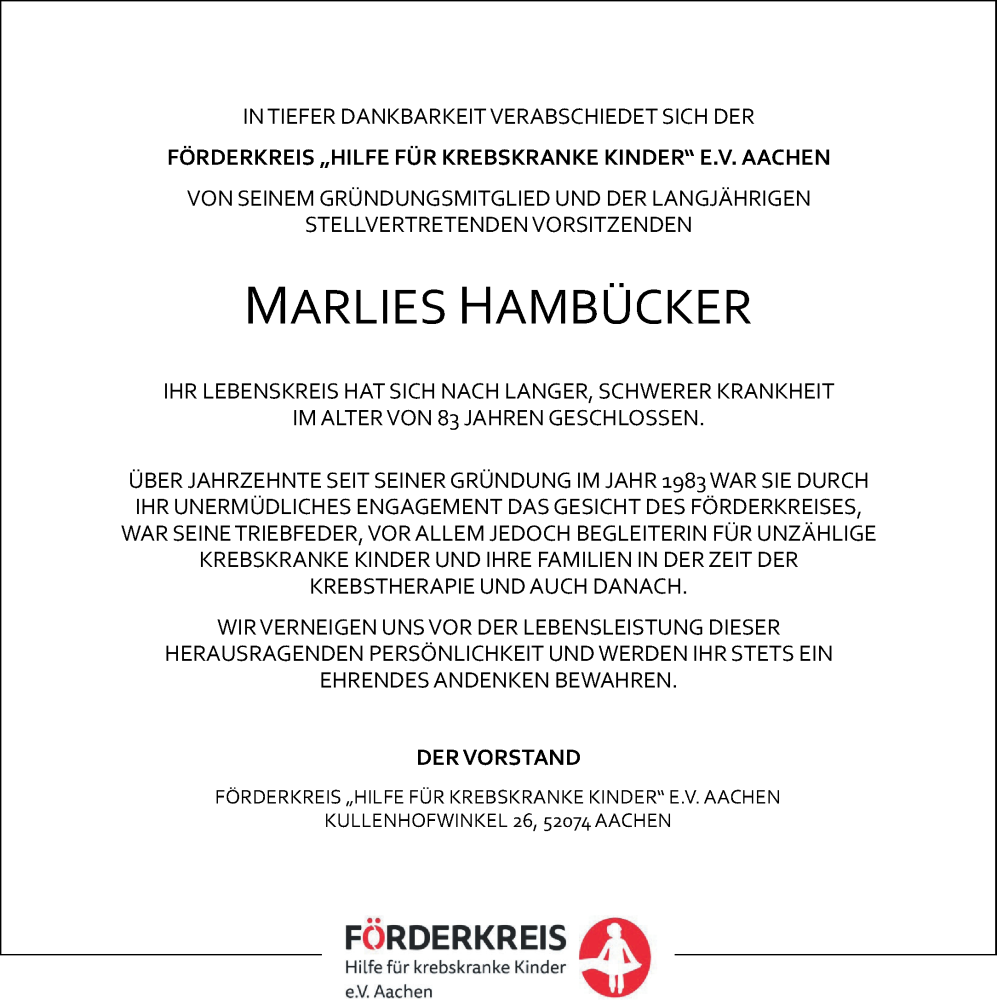  Traueranzeige für Marlies Hambücker vom 13.05.2023 aus Aachener Zeitung