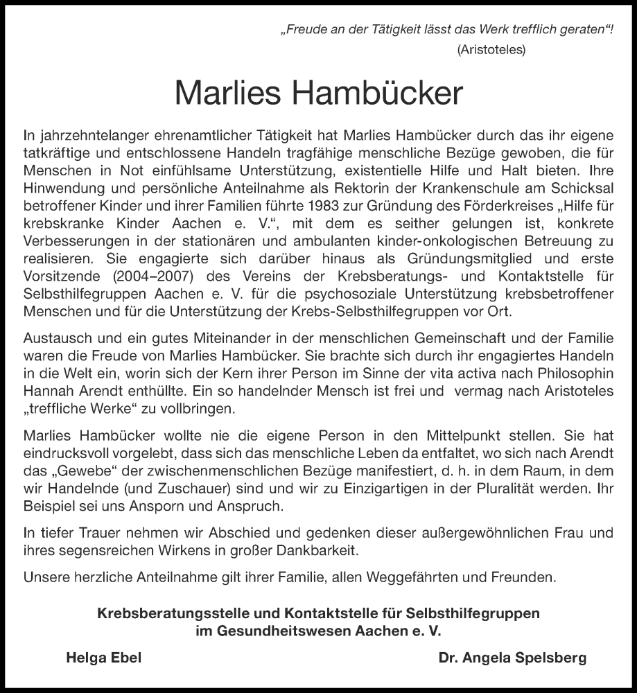  Traueranzeige für Marlies Hambücker vom 28.05.2023 aus Zeitung am Sonntag