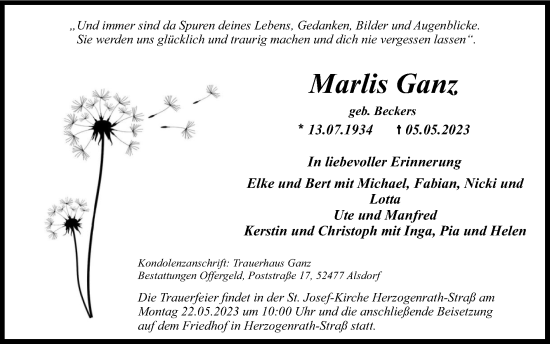 Traueranzeige von Marlis Ganz von Zeitung am Sonntag