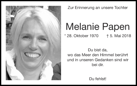 Traueranzeige von Melanie Papen von Zeitung am Sonntag