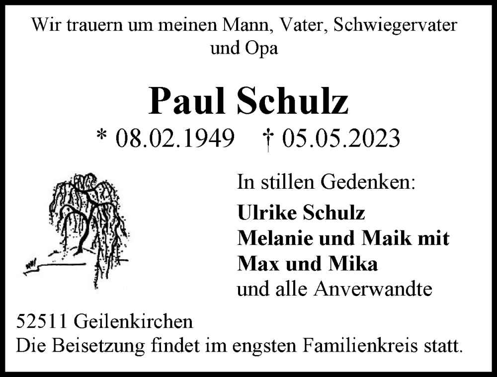  Traueranzeige für Paul Schulz vom 14.05.2023 aus Zeitung am Sonntag