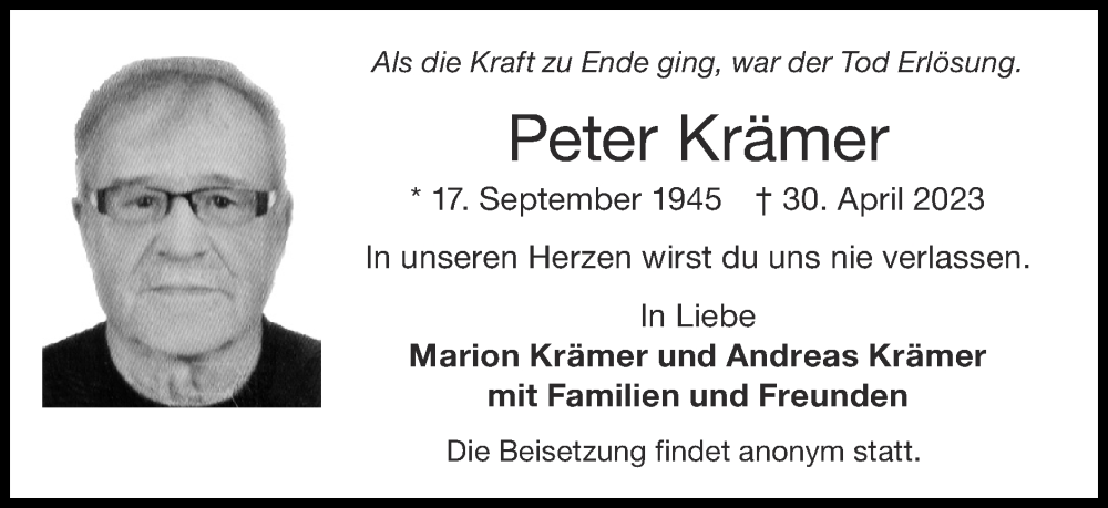  Traueranzeige für Peter Krämer vom 07.05.2023 aus Zeitung am Sonntag